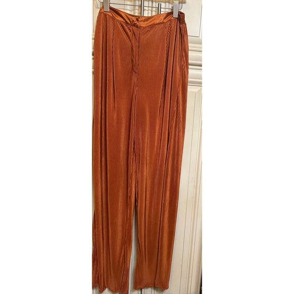 Nasty Gal Women's Ribbed Pleated Front Wide Leg Trouser Pants Rust Orange Size 8 - Picture 2 of 10